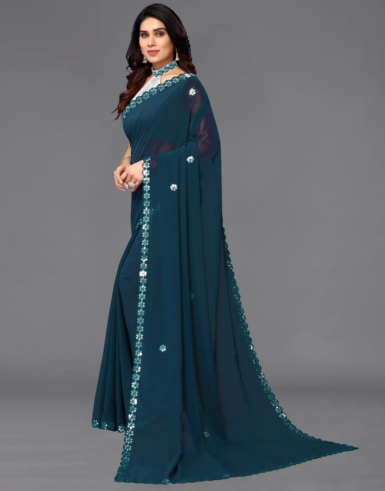 Teal Blue Georgette Embroidery Saree