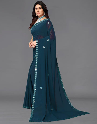 Teal Blue Georgette Embroidery Saree
