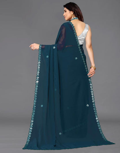 Teal Blue Georgette Embroidery Saree