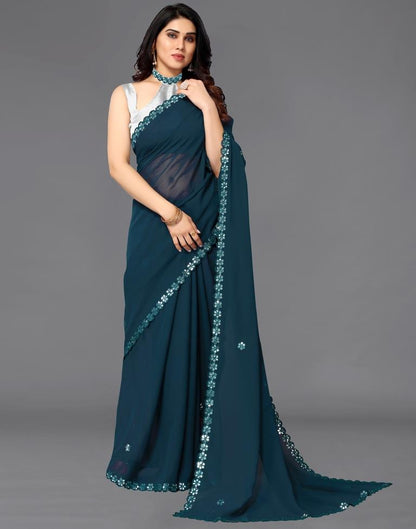 Teal Blue Georgette Embroidery Saree