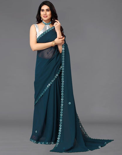 Teal Blue Georgette Embroidery Saree