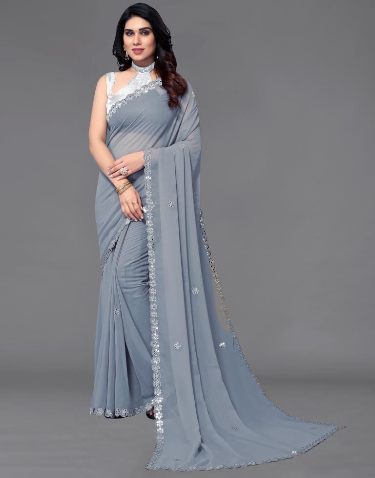 Grey Georgette Embroidery Saree
