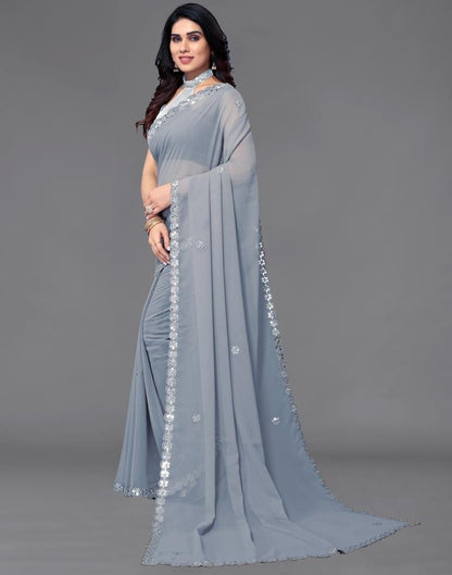 Grey Georgette Embroidery Saree