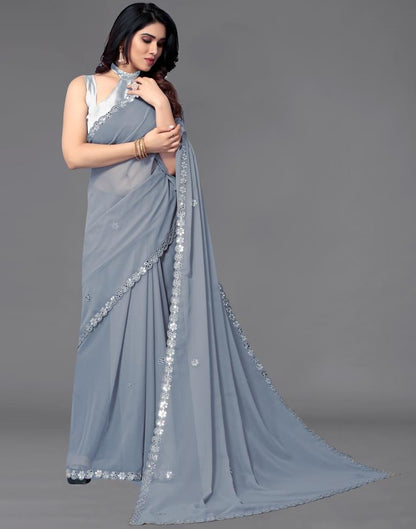 Grey Georgette Embroidery Saree
