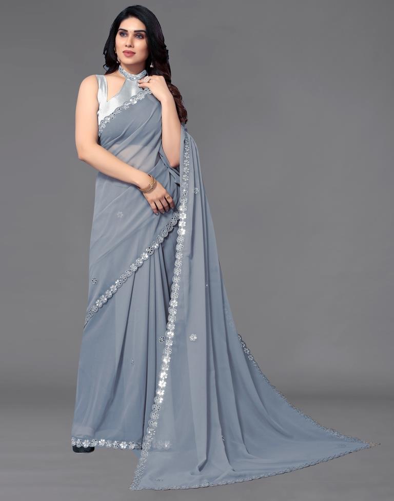 Grey Georgette Embroidery Saree