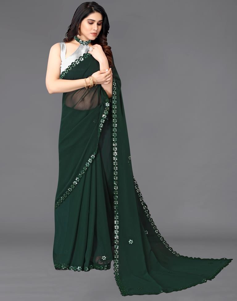 Bottle Green Georgette Embroidery Saree