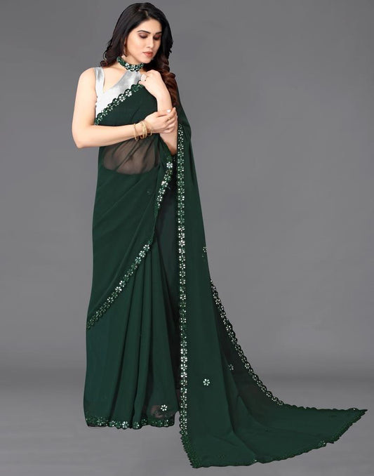 Bottle Green Georgette Embroidery Saree