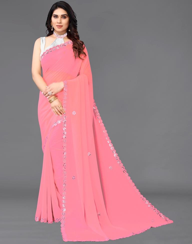 Rose Pink Georgette Embroidery Saree