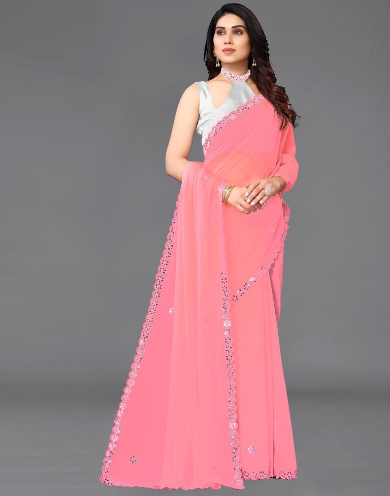 Rose Pink Georgette Embroidery Saree