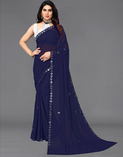 Dark Royal Blue Georgette Embroidery Saree