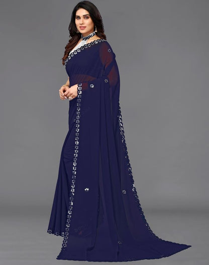 Dark Royal Blue Georgette Embroidery Saree
