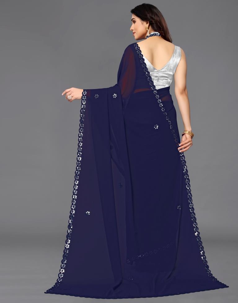 Dark Royal Blue Georgette Embroidery Saree