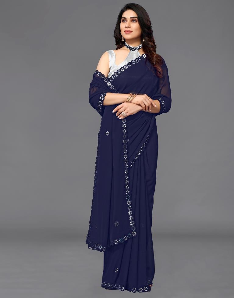 Dark Royal Blue Georgette Embroidery Saree