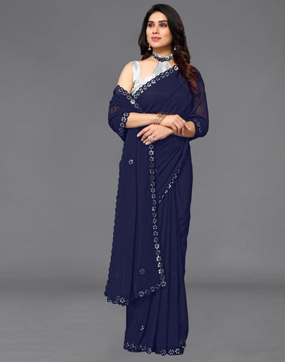 Dark Royal Blue Georgette Embroidery Saree