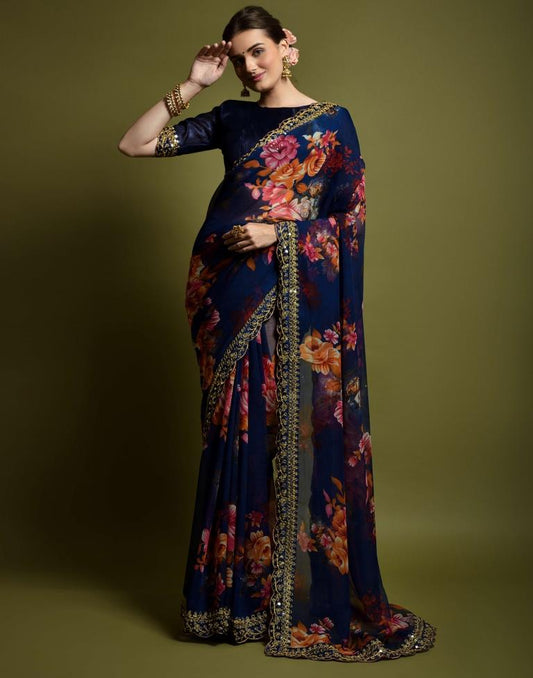 Navy Blue Printed Chiffon Saree