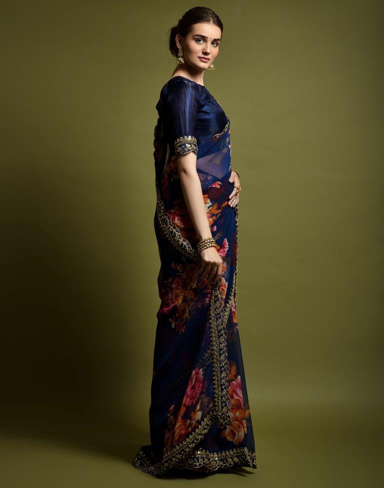 Navy Blue Printed Chiffon Saree