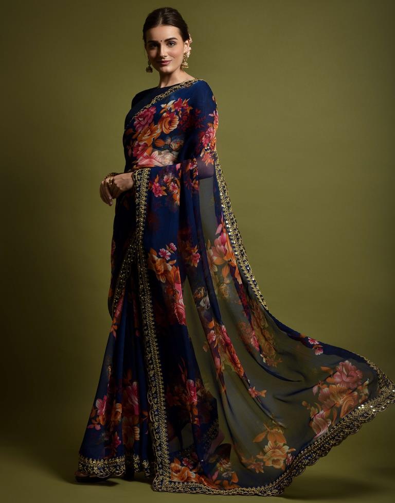 Navy Blue Printed Chiffon Saree