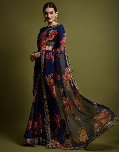 Navy Blue Printed Chiffon Saree
