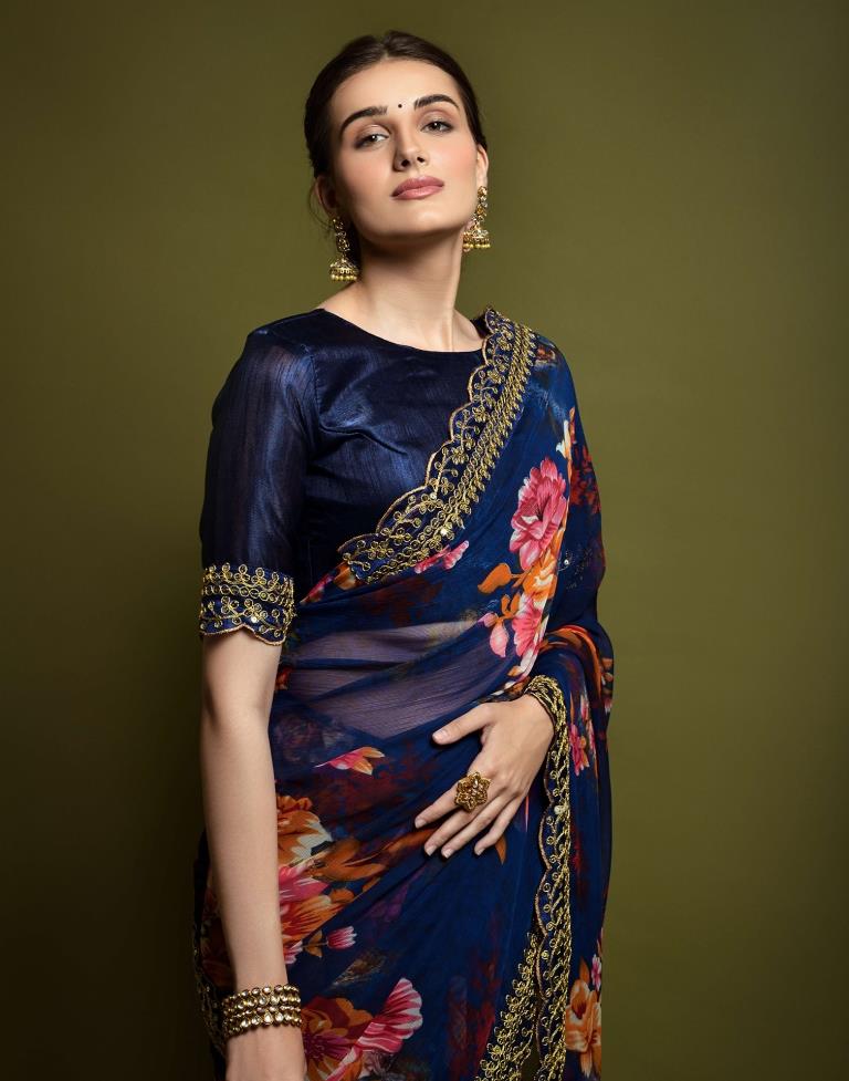 Navy Blue Printed Chiffon Saree