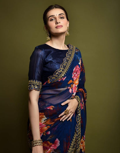 Navy Blue Printed Chiffon Saree