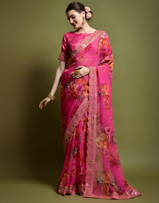 Pink Printed Chiffon Saree