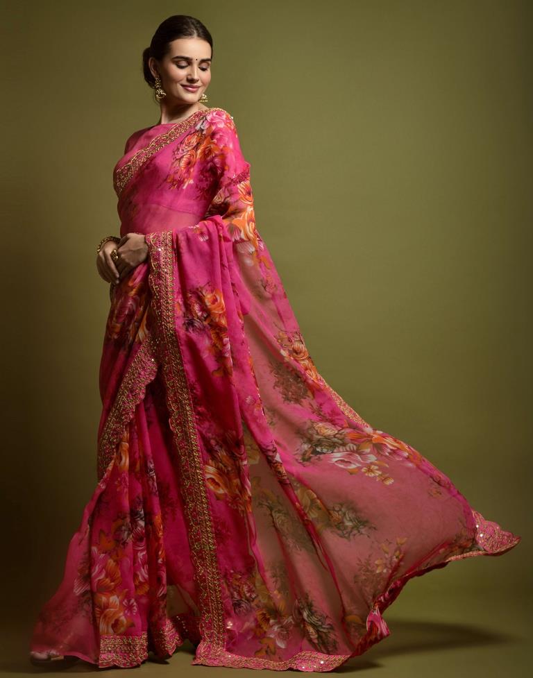 Pink Printed Chiffon Saree