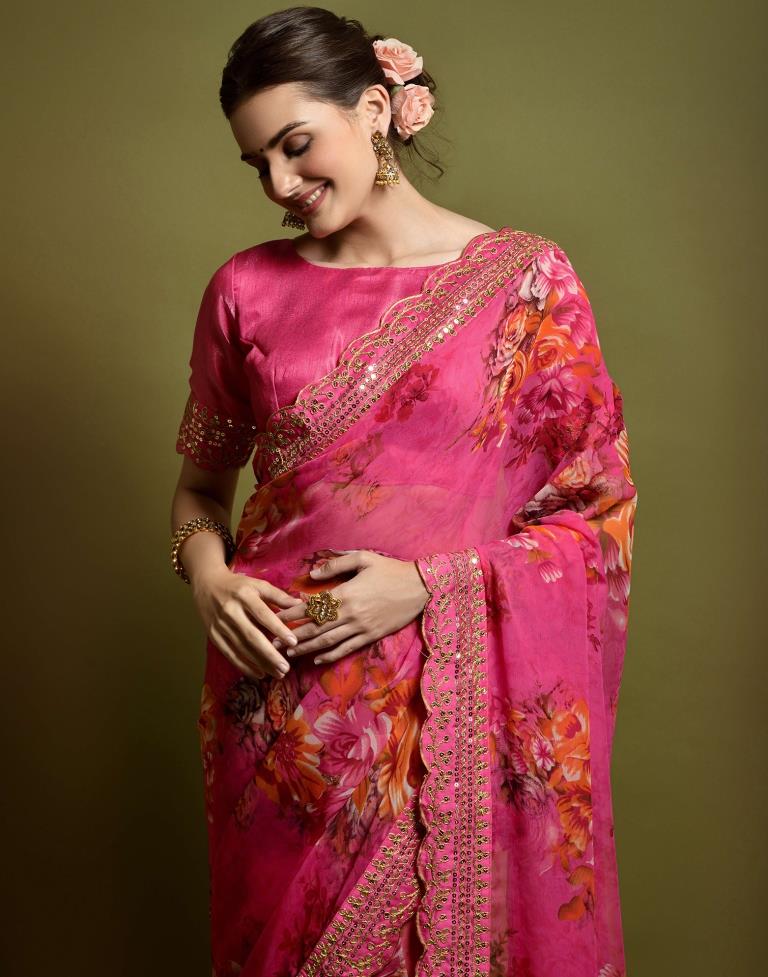 Pink Printed Chiffon Saree