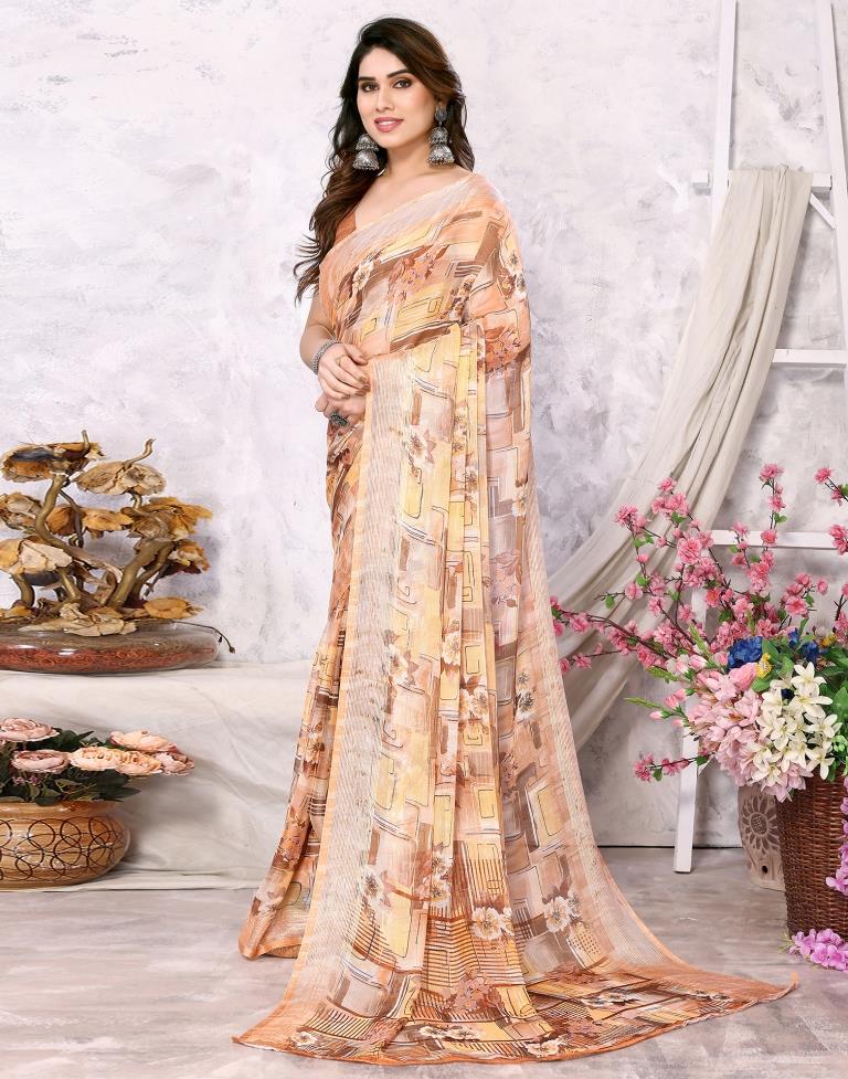 Light Brown Chiffon Floral Printed Saree