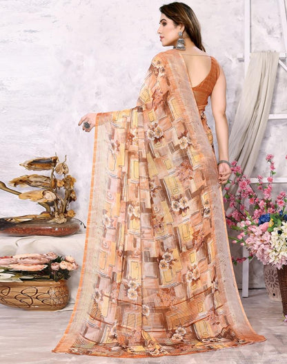 Light Brown Chiffon Floral Printed Saree