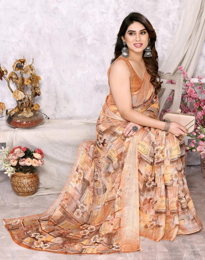 Light Brown Chiffon Floral Printed Saree