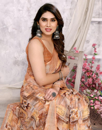 Light Brown Chiffon Floral Printed Saree