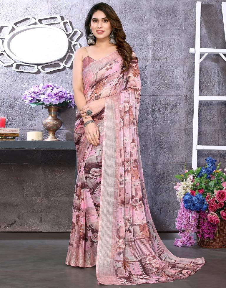 Light Pink Chiffon Floral Printed Saree