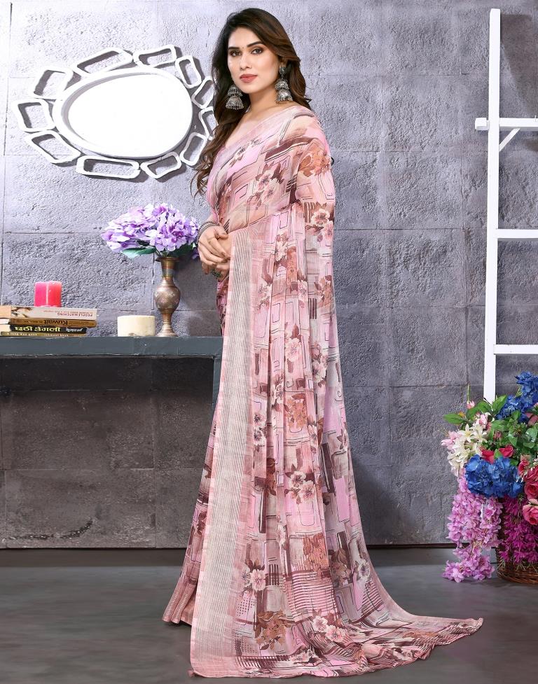 Light Pink Chiffon Floral Printed Saree