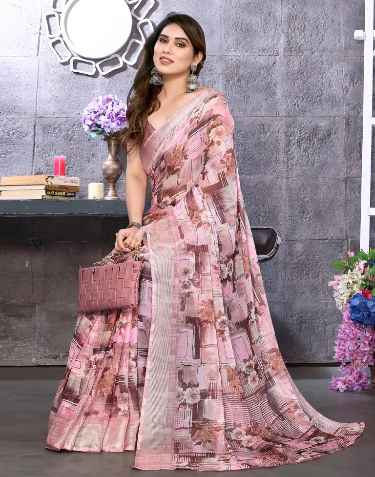 Light Pink Chiffon Floral Printed Saree