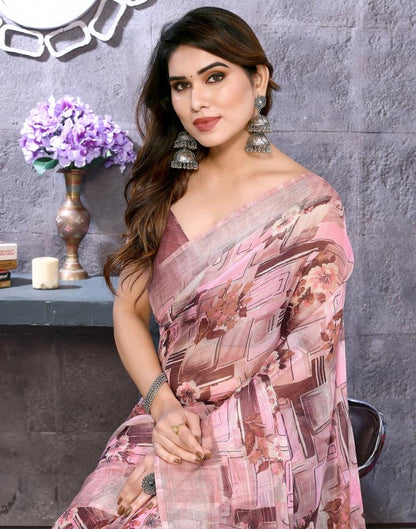 Light Pink Chiffon Floral Printed Saree