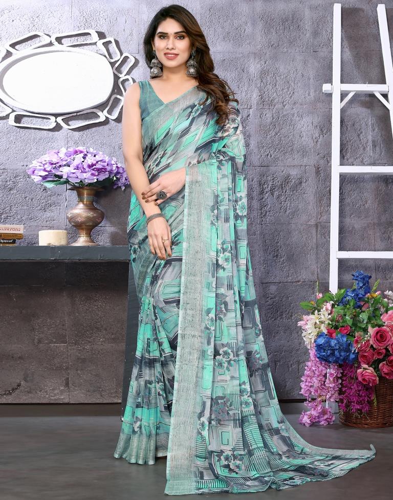 Turquoise Chiffon Floral Printed Saree