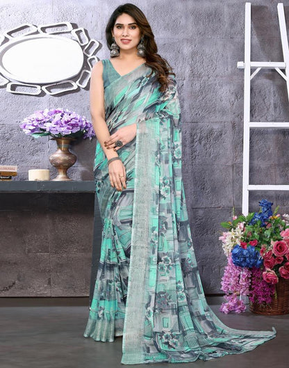 Turquoise Chiffon Floral Printed Saree