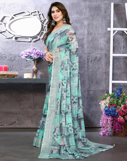 Turquoise Chiffon Floral Printed Saree
