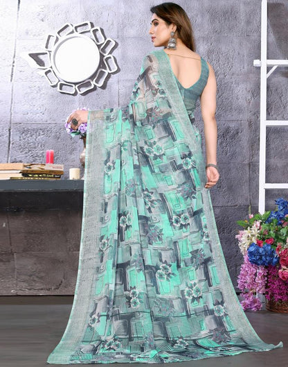 Turquoise Chiffon Floral Printed Saree