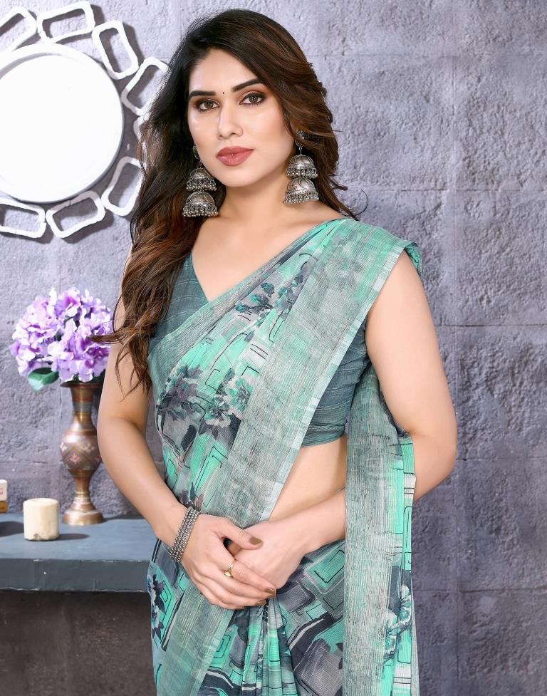 Turquoise Chiffon Floral Printed Saree