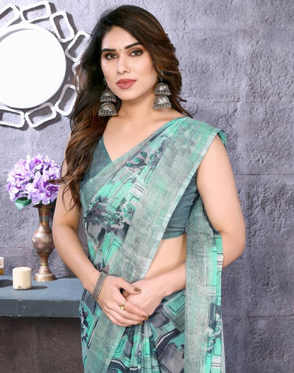 Turquoise Chiffon Floral Printed Saree