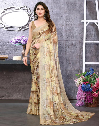 Light Yellow Chiffon Floral Printed Saree