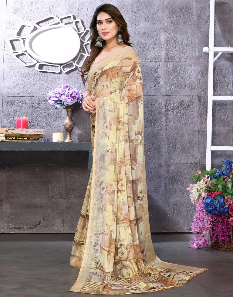 Light Yellow Chiffon Floral Printed Saree