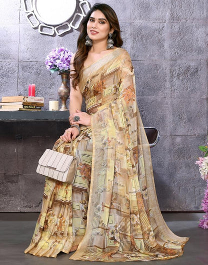 Light Yellow Chiffon Floral Printed Saree