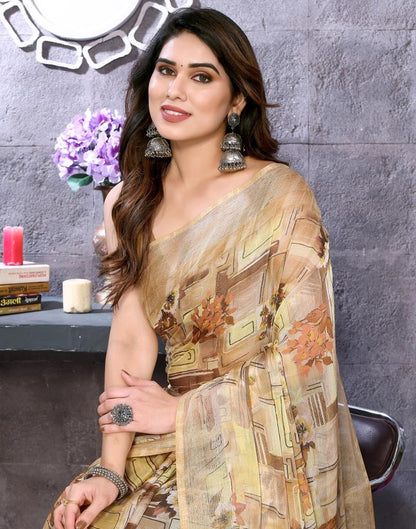 Light Yellow Chiffon Floral Printed Saree