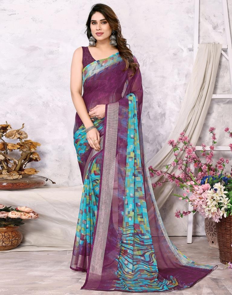 Wine Chiffon Printed Saree