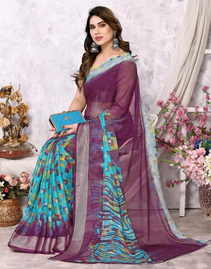 Wine Chiffon Printed Saree