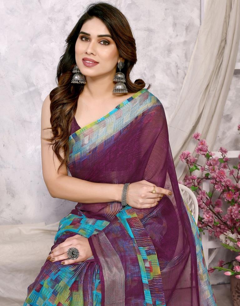 Wine Chiffon Printed Saree