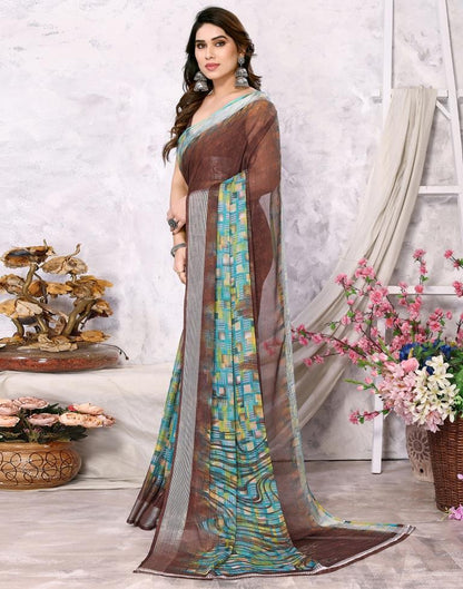 Brown Chiffon Printed Saree