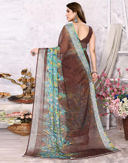 Brown Chiffon Printed Saree